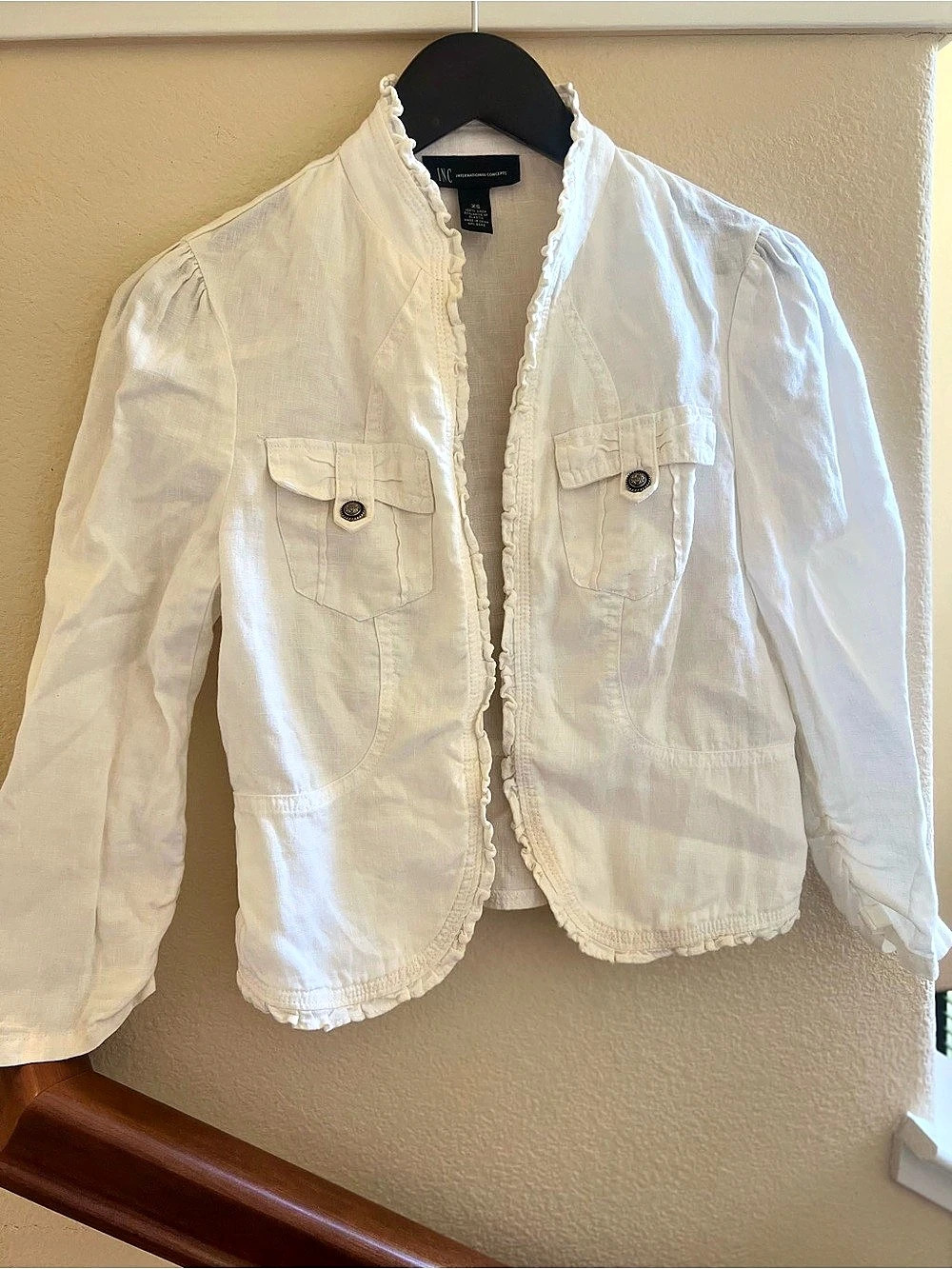 Vintage Y2K INC White Linen Ruffle Utility Jacket Cottagecore CoquetteSize XS